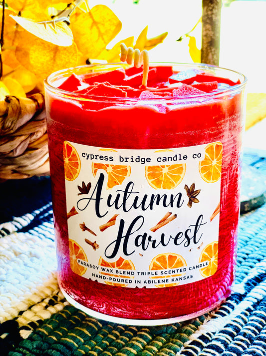 AUTUMN HARVEST 17+oz Chippy Top Jar Candle
The ideal autumn aroma! A fusion of citrusy notes intertwined with the warm spices of clove, nutmeg, and bay leaf, all resting on a foundation of lemon zest, the crisp essence of autumn air, and a touch of musk
Premium Candles made with a proprietary wax blend and one of the highest scent throws in the market! 
Made in small batches right here in our shop in Abilene Kansas! 
Made with:
SOY WAX
FOOD GRADE PARAFFIN WAX
PREMIUM SCENT OILS 
COTTO