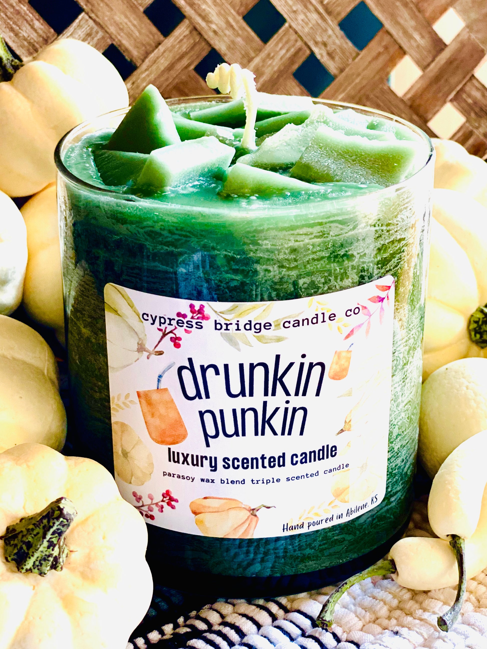 NEW FOR 2024
Get ready to rebel against boring candles with our DRUNKIN PUNKIN 17+oz Chippy Top Jar Candle - a delicious blend of pumpkin, coconut, and a kick of cinnamon and cloves, topped off with a dash of dark bourbon, maple, and toasted oak.
Premium Candles made with a proprietary wax blend and one of the highest scent throws in the market! 
Made in small batches right here in our shop in Abilene Kansas! 
Made with:
SOY WAX
FOOD GRADE PARAFFIN WAX
PREMIUM SCENT OILS 
COTTON