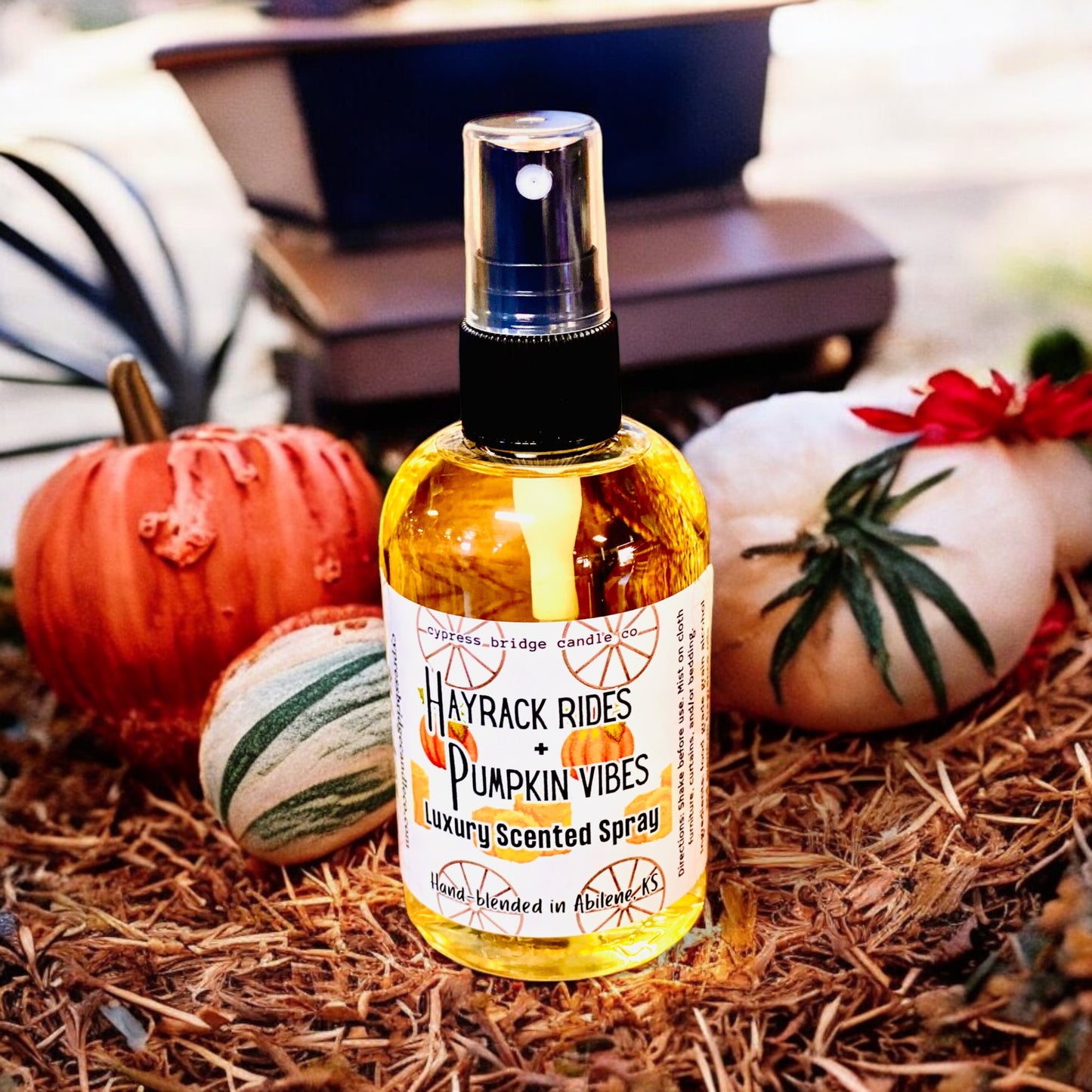 Get ready for a seasonal treat with our CBCC Exclusive!!!
HAYRACK RIDES & PUMPKIN VIBES Scented room spray!
This unique candle features a warm blend of pumpkin, cinnamon leaf, clove, buttercream, vanilla, sandalwood, and warm amber that will leave your home smelling cozy and inviting.
Enjoy the scent of autumn in a 4oz spray.
Crafted with food-grade grain alcohol and premium fragrance oils for an indulgent treat for your nose!