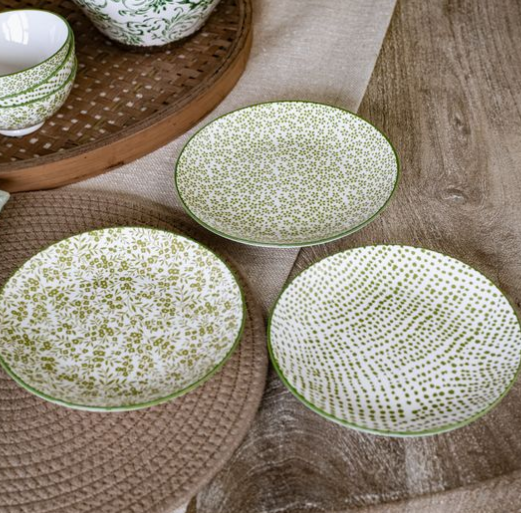 SET OF 3 GREEN FLORAL + DOT PLATES