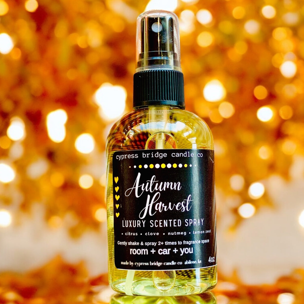 Customer Favorite! A bouquet of citrus blended with spicy notes of clove, nutmeg, and bay leaf atop a base of lemon zest, Autumn breeze and musk. Enjoy the scent of autumn in a 4oz spray. Crafted with food-grade grain alcohol and premium fragrance oils for an indulgent treat for your nose! Ideal for spritzing on your clothes for a warm and cozy aroma or creating a pleasant atmosphere in any room setting (or car trip!). For external use only.
