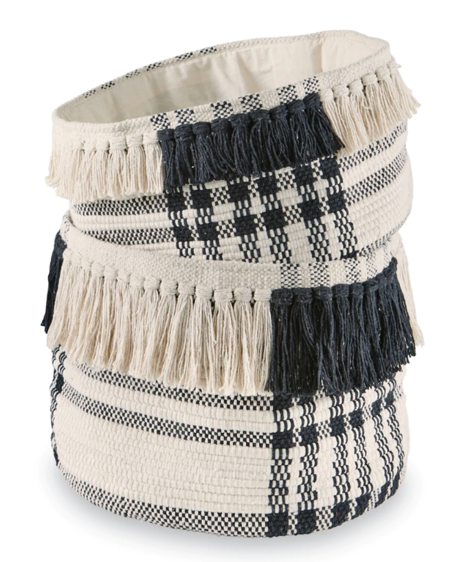 BLACK & CREAM CHECK FRINGE BASKETS