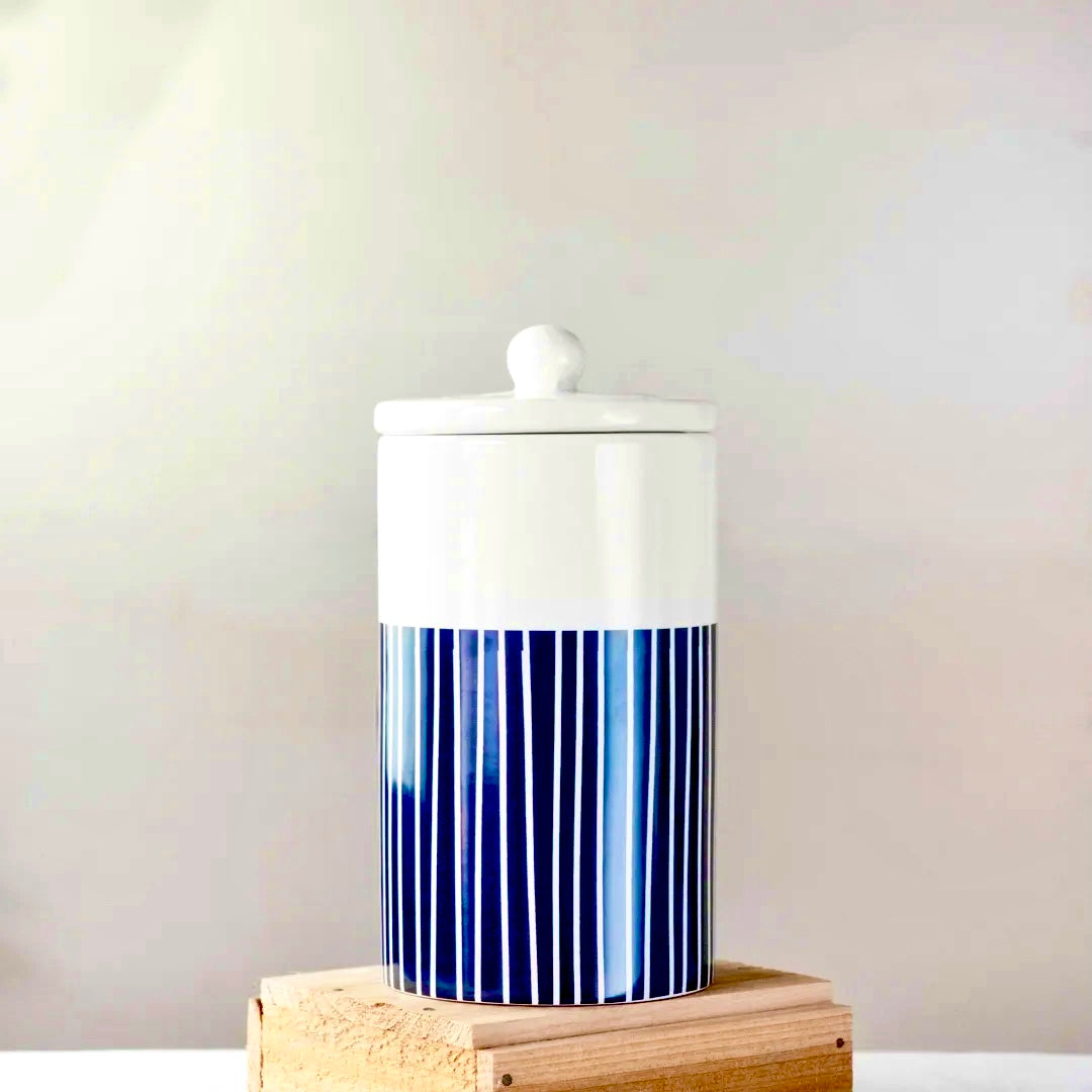 9.5" WHT/BLUE STRIPE CANISTER