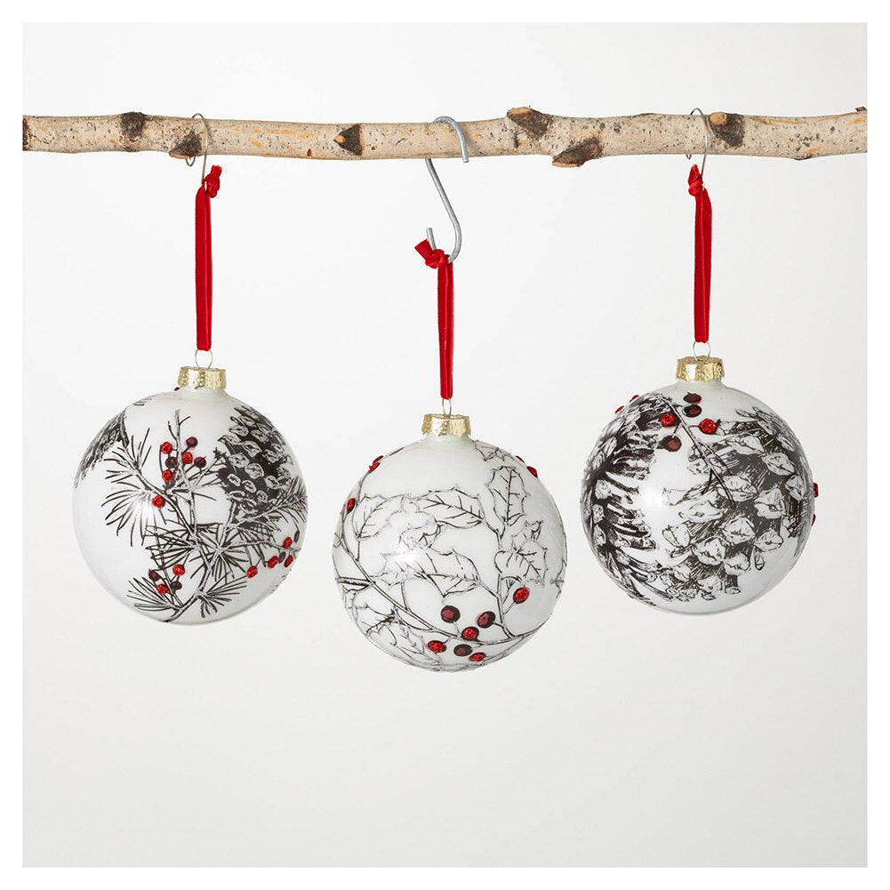 set/3 Glass Pine & Holly Ball Ornaments