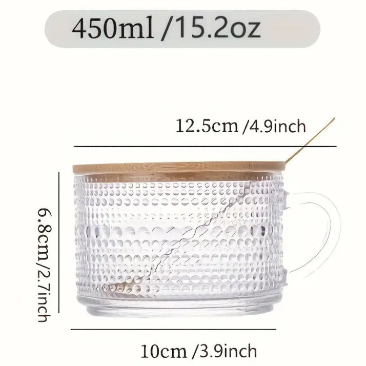 VINTAGE LOOK GLASS MUG, SPOON & BAMBOO LID