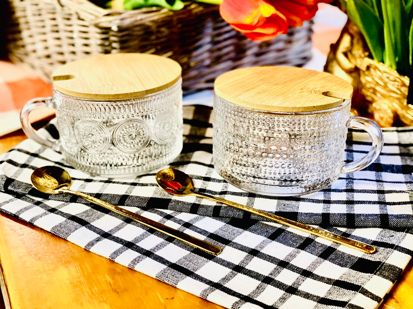VINTAGE LOOK GLASS MUG, SPOON & BAMBOO LID