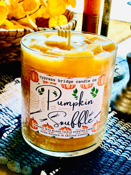 Combining the richness of pumpkin with the delightful medley of cherry and mimosa, accompanied by the invigorating scents of fresh nutmeg, clove, and cinnamon. The experience is beautifully rounded off with hints of caramel, sweet brown sugar, and vanilla. A truly delicious treat for the senses!

Premium Candles made with a proprietary wax blend and one of the highest scent throws in the market!&nbsp;

Made in small batches right here in our shop in Abilene Kansas!&nbsp;

Made with:

SOY WAX

FOOD GRADE PAR