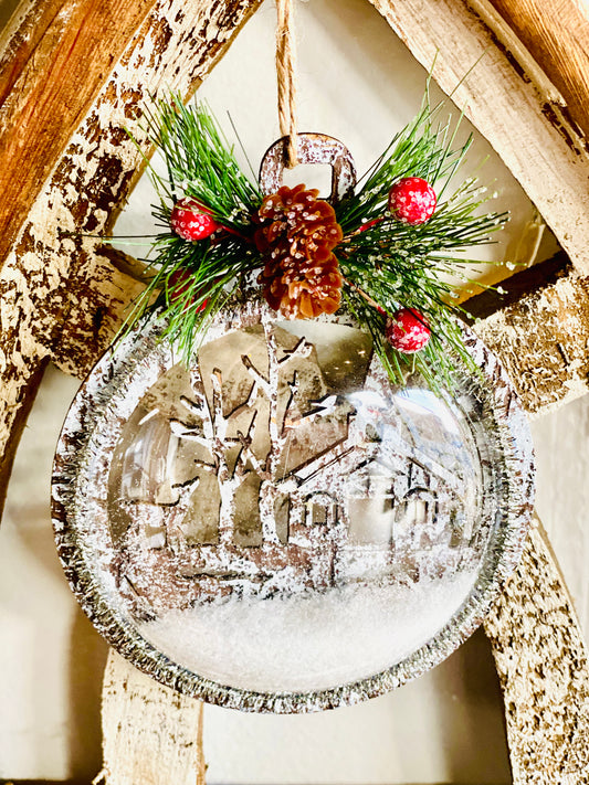 FLURRY FLAKE SNOWGLOBE ORNAMENT WITH DEER + CHURCH