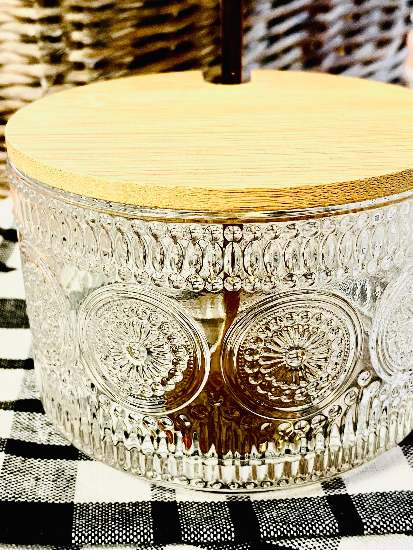 VINTAGE LOOK GLASS MUG, SPOON & BAMBOO LID