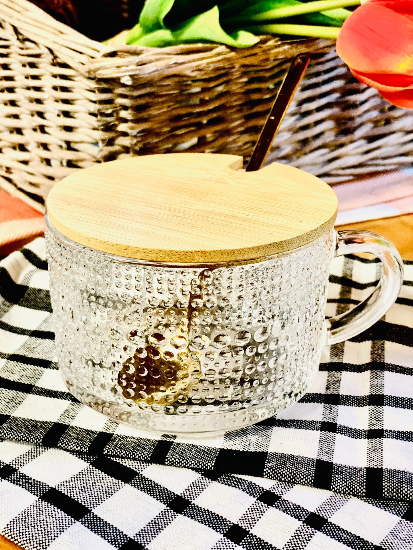 VINTAGE LOOK GLASS MUG, SPOON & BAMBOO LID