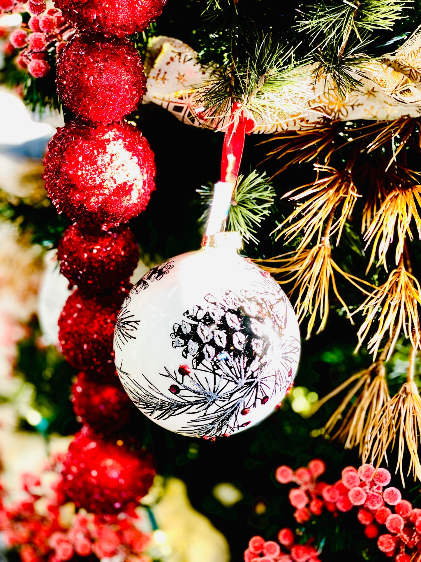 set/3 Glass Pine & Holly Ball Ornaments