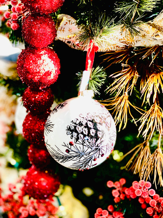 set/3 Glass Pine & Holly Ball Ornaments