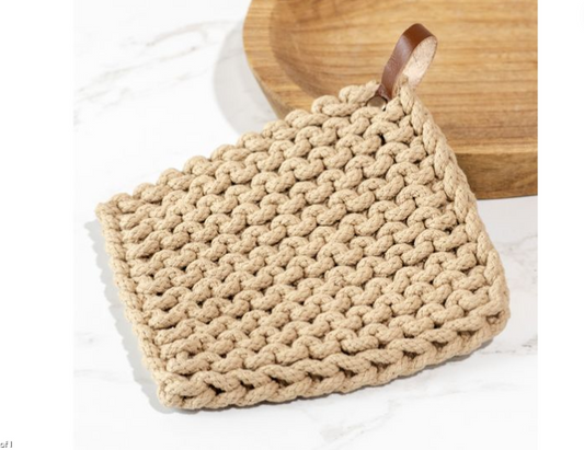 LEATHER STRAP KNIT POT HOLDER | BEIGE