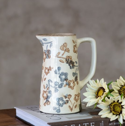 BLUE + BEIGE FLORAL PATTERN PITCHER