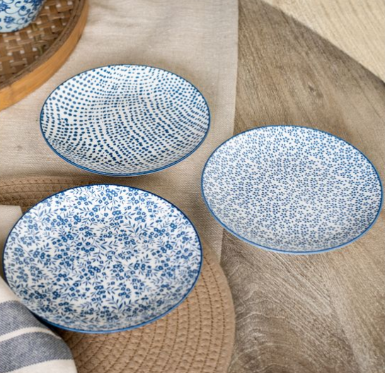 SET OF 3 BLUE FLORAL + DOT PLATES