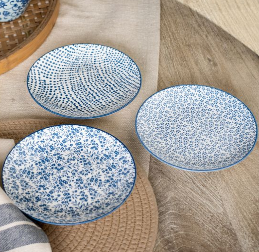 SET OF 3 BLUE FLORAL + DOT PLATES