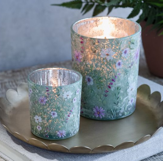 GREEN LEAVES + PURPLE & WHITE FLOWERS CANDLE HOLDER | 2 SIZES