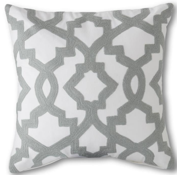 18 Inch Square Knit White Pillow w/Gray Geometric Interlocking Pattern