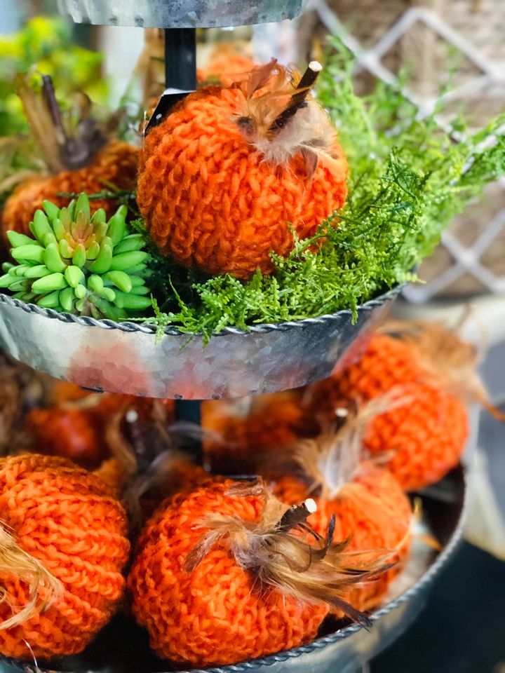 4 Inch Orange Crochet Pumpkin with Wood Stem and Feathers