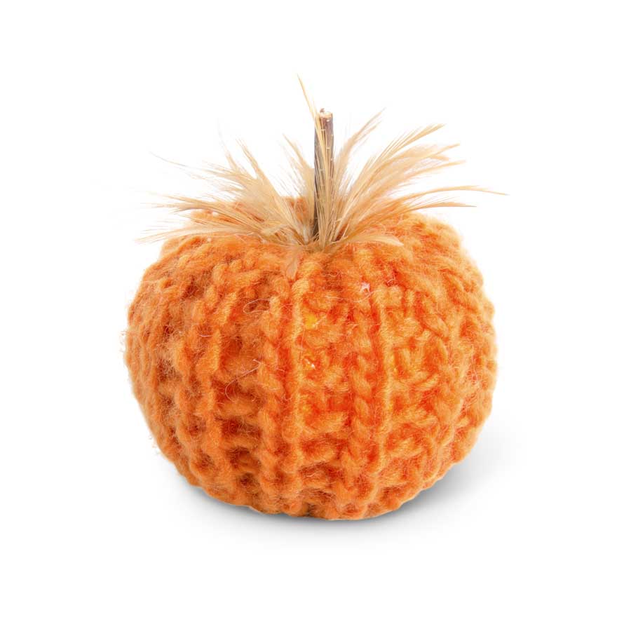 4 Inch Orange Crochet Pumpkin with Wood Stem and Feathers