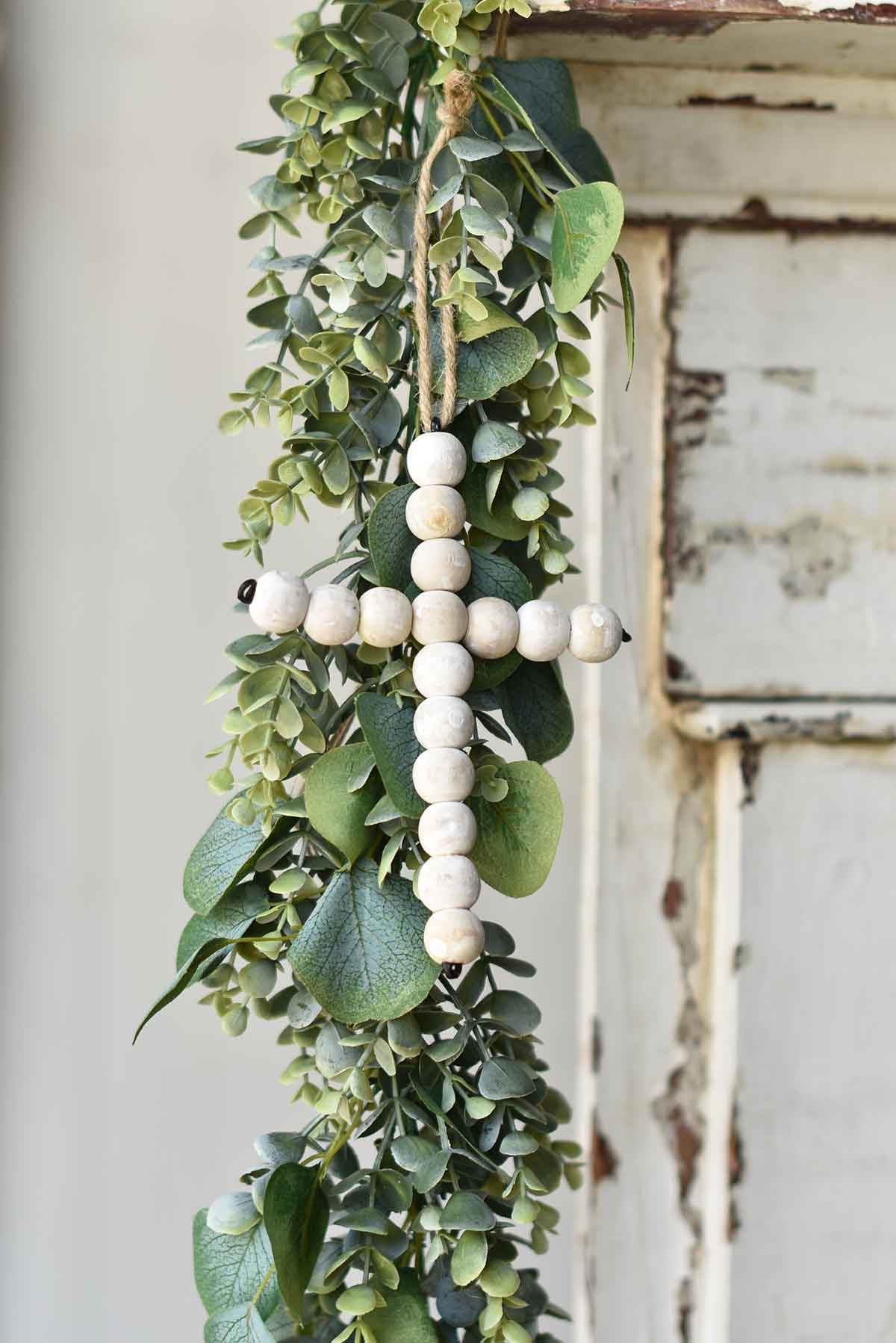 Wooden Beaded Cross | Hanging | 6.75" | White Wash *