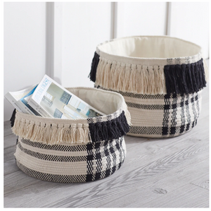 BLACK & CREAM CHECK FRINGE BASKETS