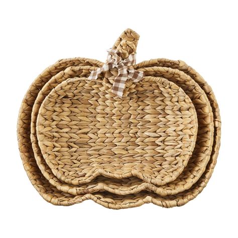 

WOVEN PUMPKIN BOWLS/TRAYS 3 sizes

Use these as the perfect accent to your fall decorations!
&nbsp;

Great as a centerpiece or set up on end as a decorative accent on a shelf or mantle!&nbsp;


Another great idea is to hang all 3 as a wall grouping! All it would take is 3 small nails and you're work is done!&nbsp;


sold individually


Wipe clean



Each Measures



Small approx. 12" x 9.5"
Medium approx. 14" x 11.5"
Large approx. 15" x 13.5"



Imported.