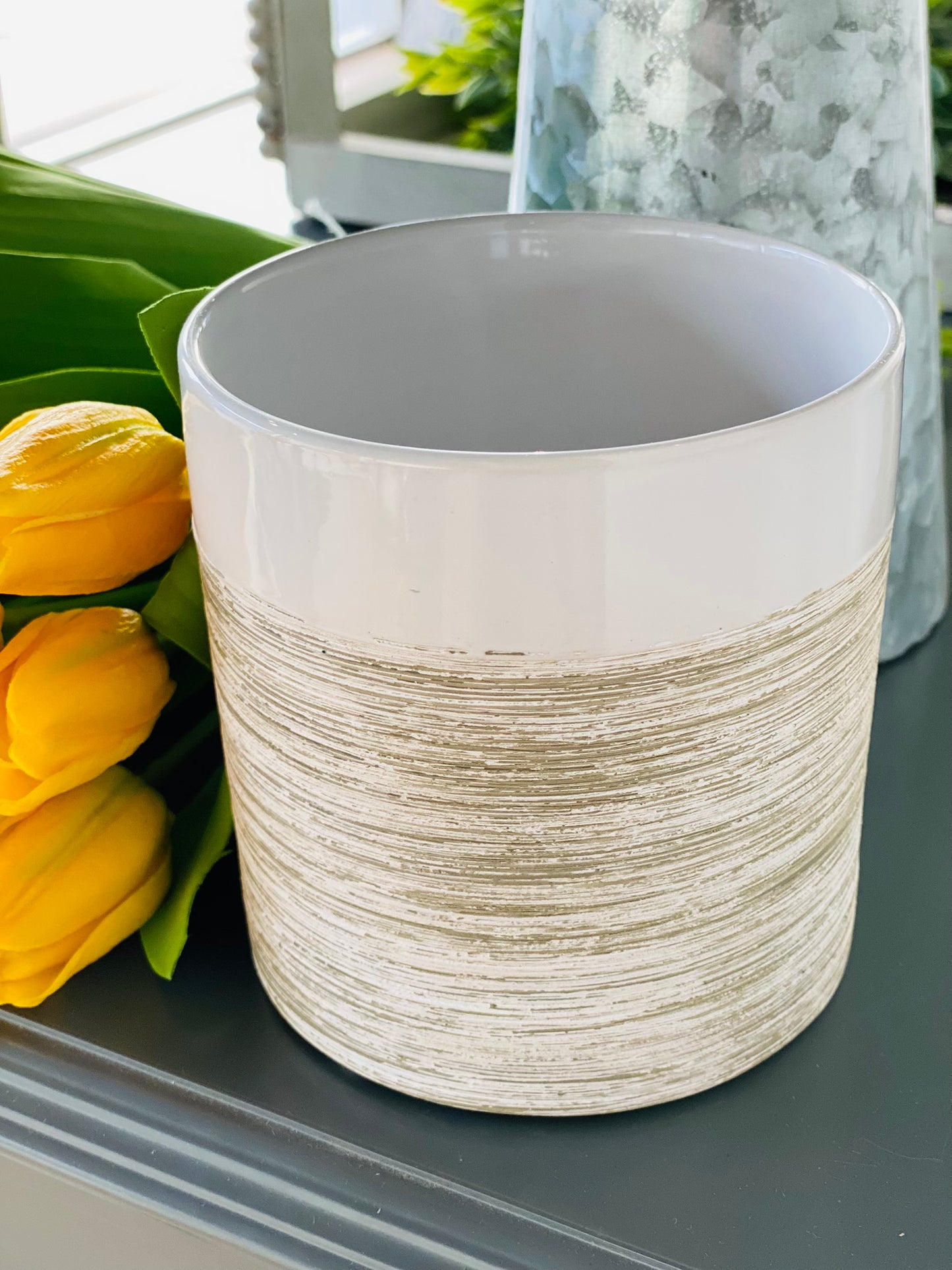 Pinstripe Collection, Ceramic Pot, Taupe