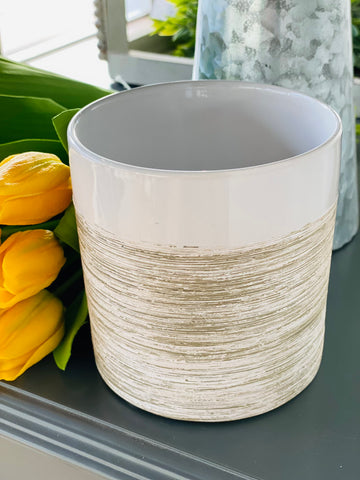 Pinstripe Collection, Ceramic Pot, Taupe *